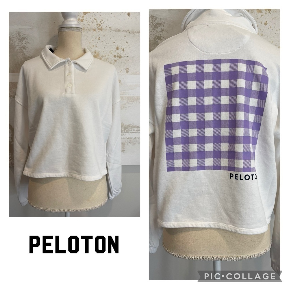 Peloton Women’s Polo Sweatshirt Pullover size S NWT White w/Graphic Back